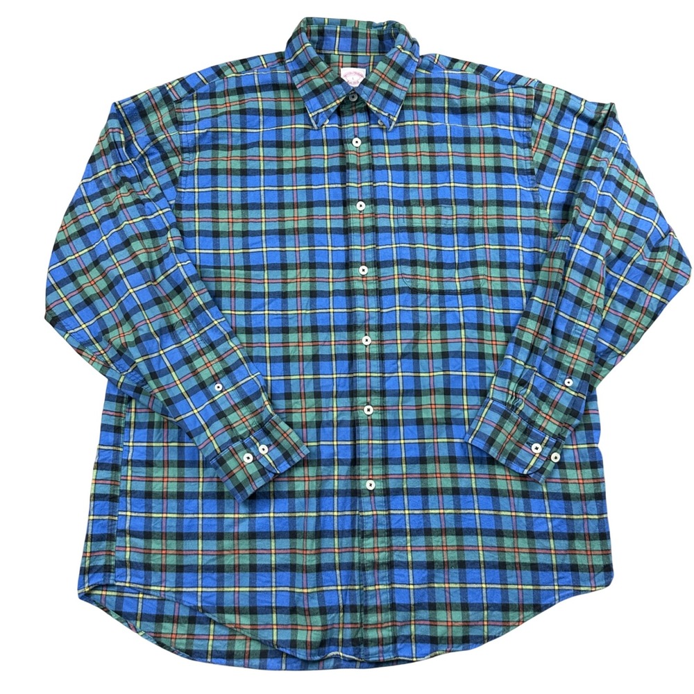 Brooks Brothers Madison Fit Plaid Button Down Shirt Mens Large Blue Green Cotton - Picture 2 of 6